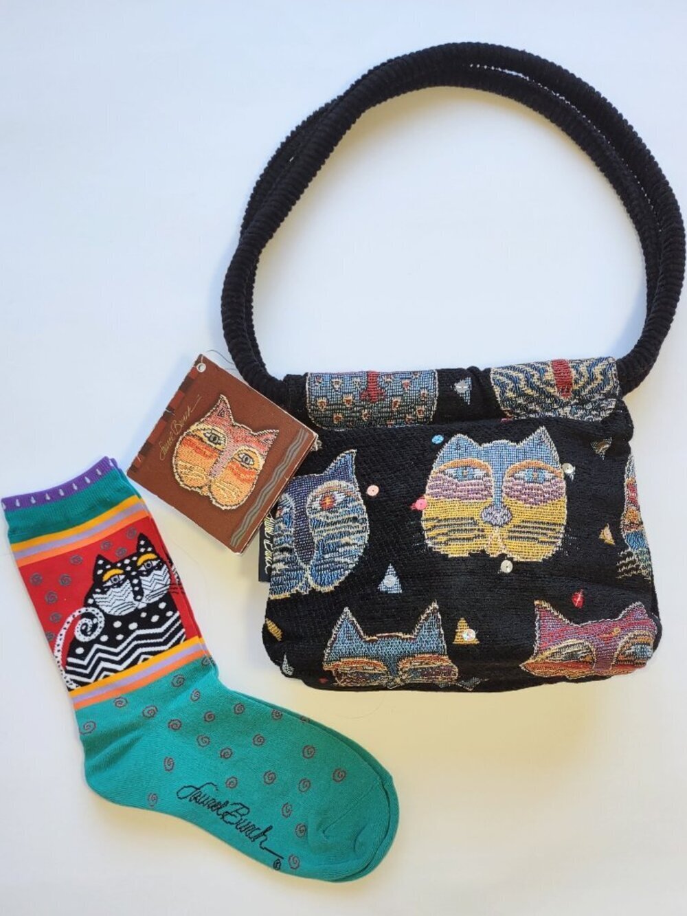 Laurel Burch Tapestry Bag & Crew Socks *BUNDLE Boho Whimsy Artsy Cats Felines - Picture 2 of 13